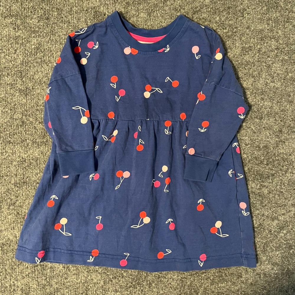 Hanna Andersson Girls Navy Blue Cherry Print Long Sleeve Cotton Dress US 3 90cm